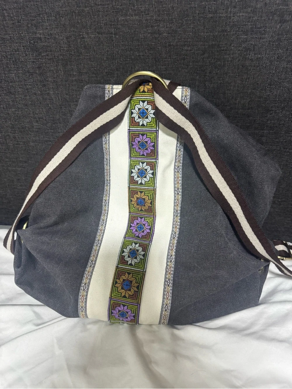 Black Canvas Tote with Embroidered Center Stripe